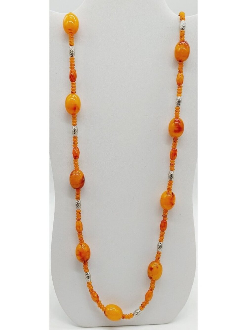 Orange Beaded Necklace Acrylic Silver Tone Bead 18"